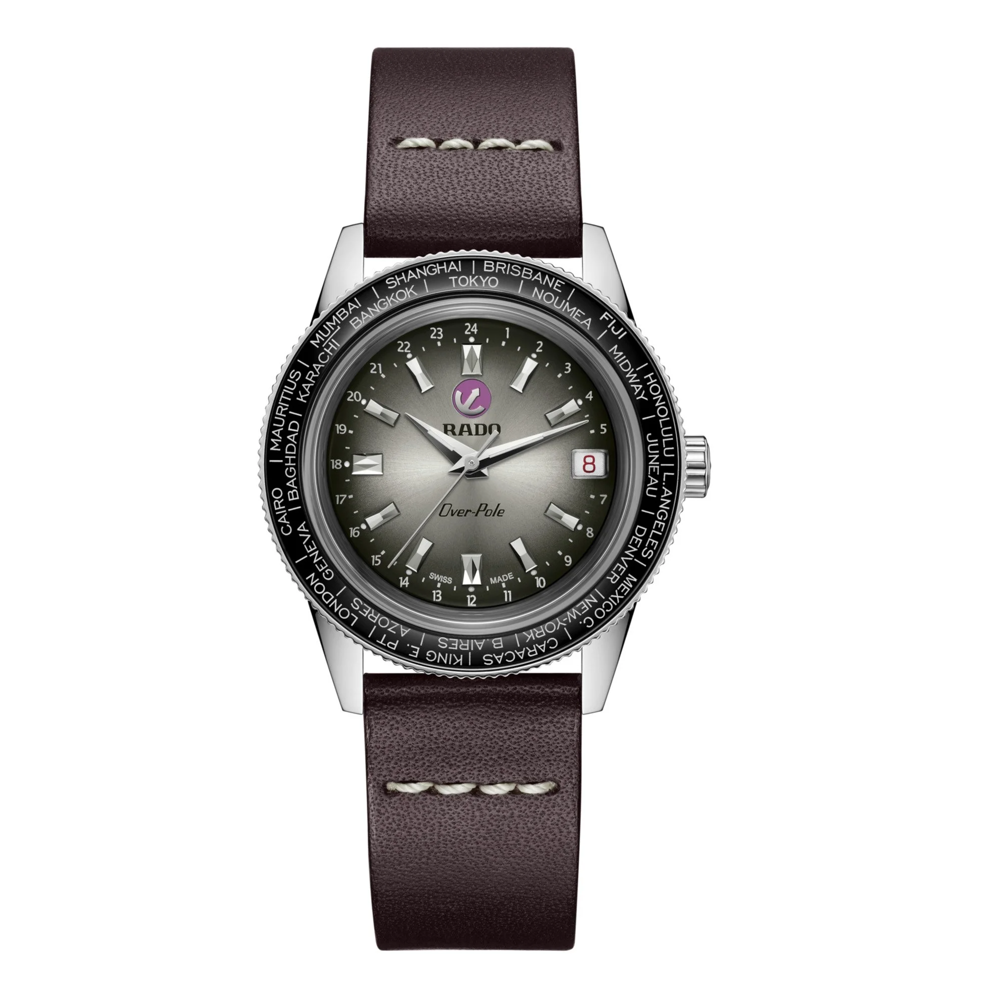 Rado Over-Pole Armbanduhr mit grauem Zifferblatt, Weltzeitlünette, Datumsanzeige und braunem Lederarmband