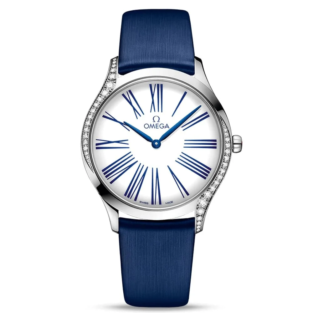 Elegante Omega-Armbanduhr mit weißem Zifferblatt, blauen römischen Ziffern, Diamantlünette und dunkelblauem Armband