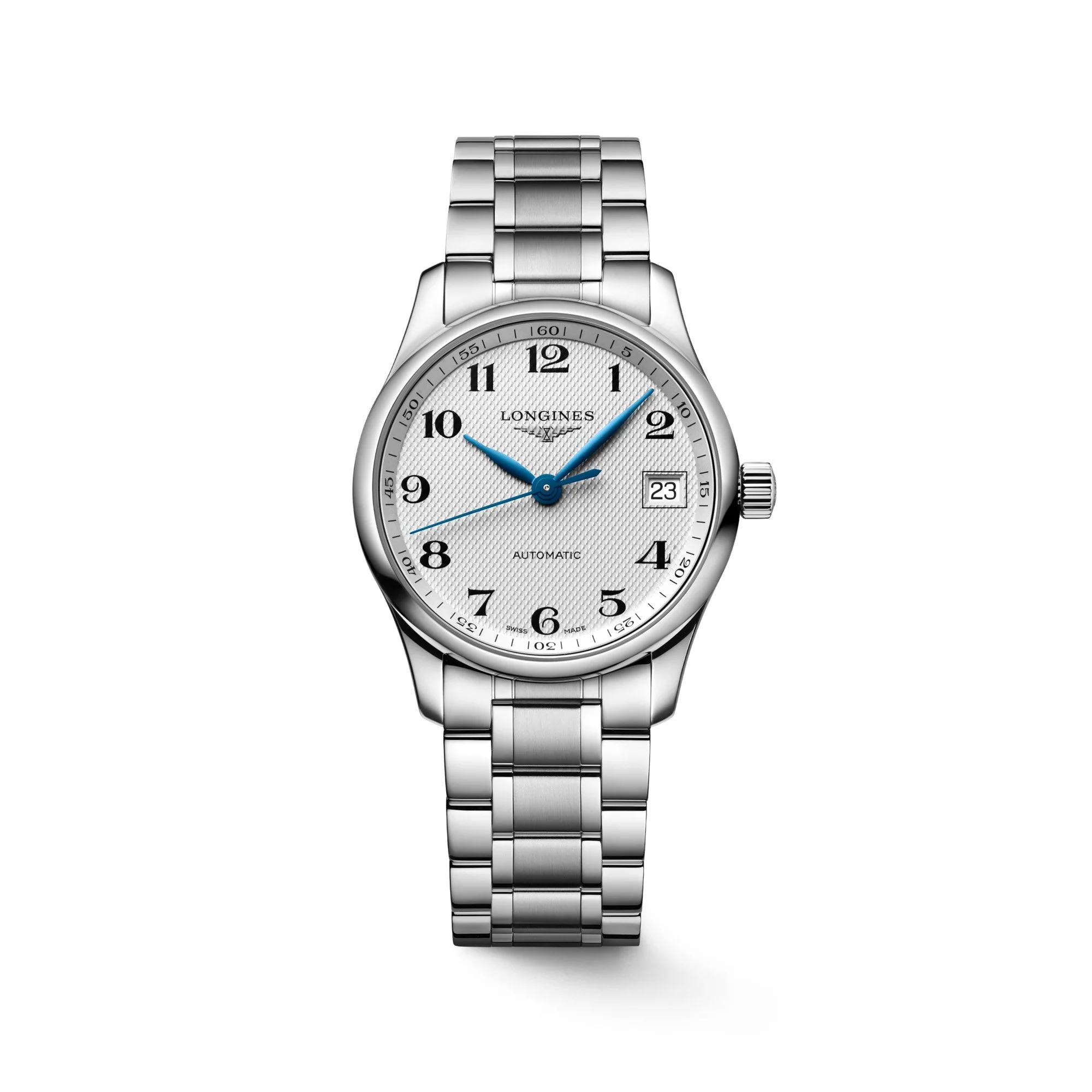 Automatische Longines-Armbanduhr aus Edelstahl mit weißem Zifferblatt, blauen Zeigern und Datumsanzeige
