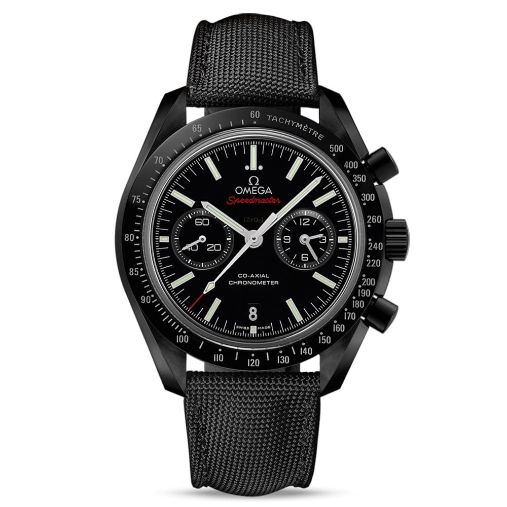 Schwarze Omega Speedmaster Chronograph-Armbanduhr mit Tachymeterlünette und Textilarmband