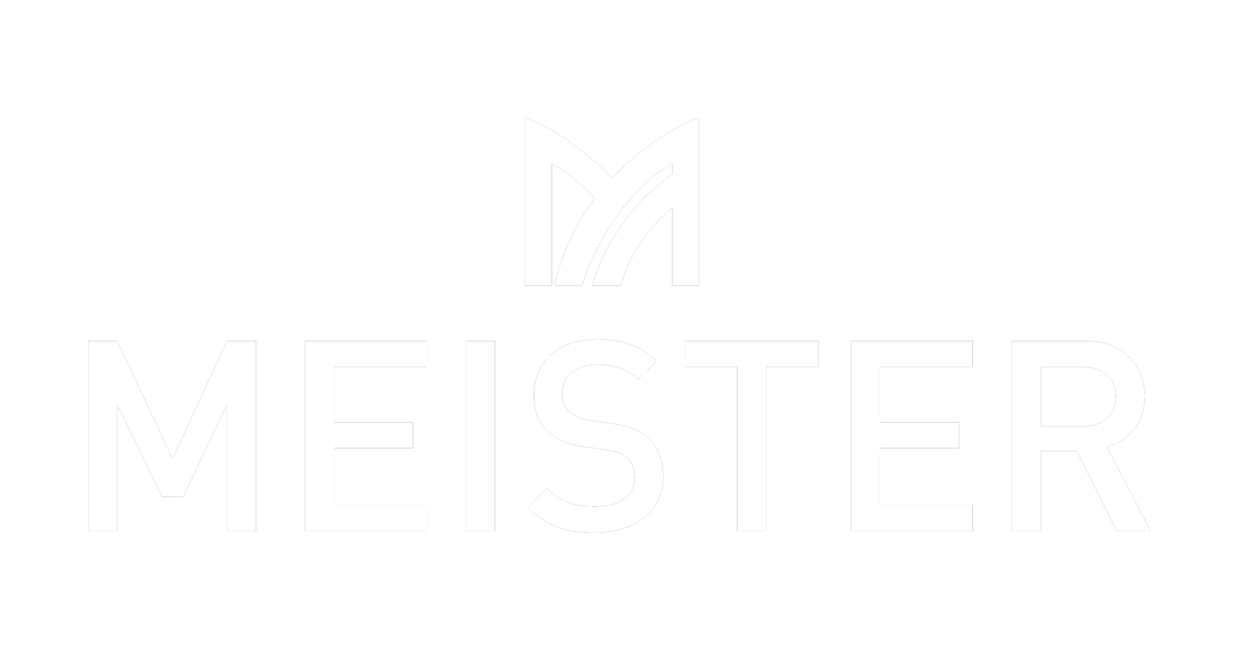 Weißes Meister-Logo und Schriftzug „MEISTER“ auf schwarzem Hintergrund