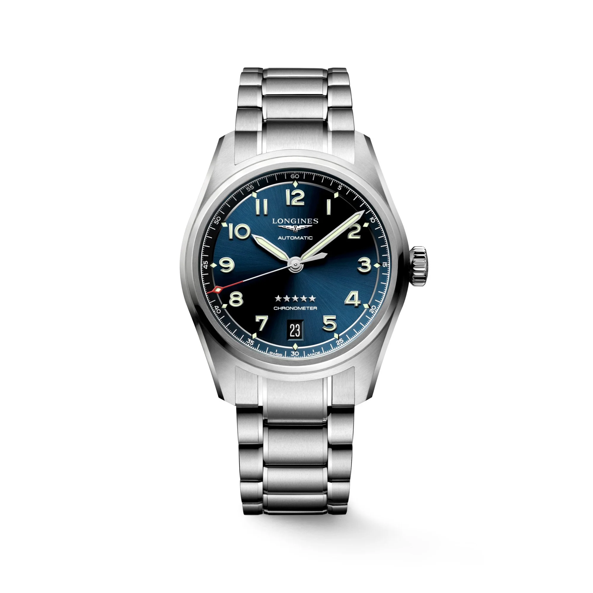 Longines Automatikuhr mit blauem Zifferblatt, Edelstahlgehäuse und Metallarmband