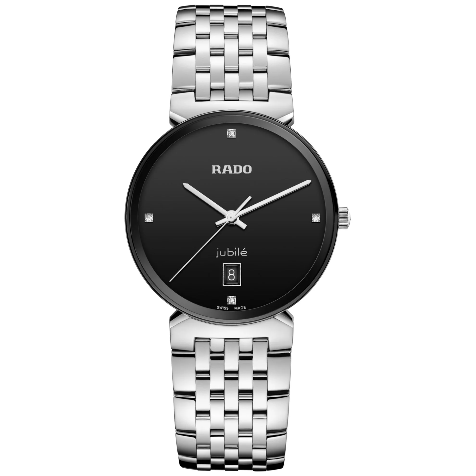 Rado Jubilé Armbanduhr mit schwarzem Zifferblatt, Diamantindizes, Datumsanzeige und Edelstahlarmband