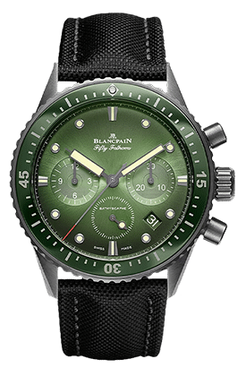 Blancpain Fifty Fathoms Flyback-Chronograph mit grünem Zifferblatt, schwarzem Textilarmband und Edelstahlgehäuse