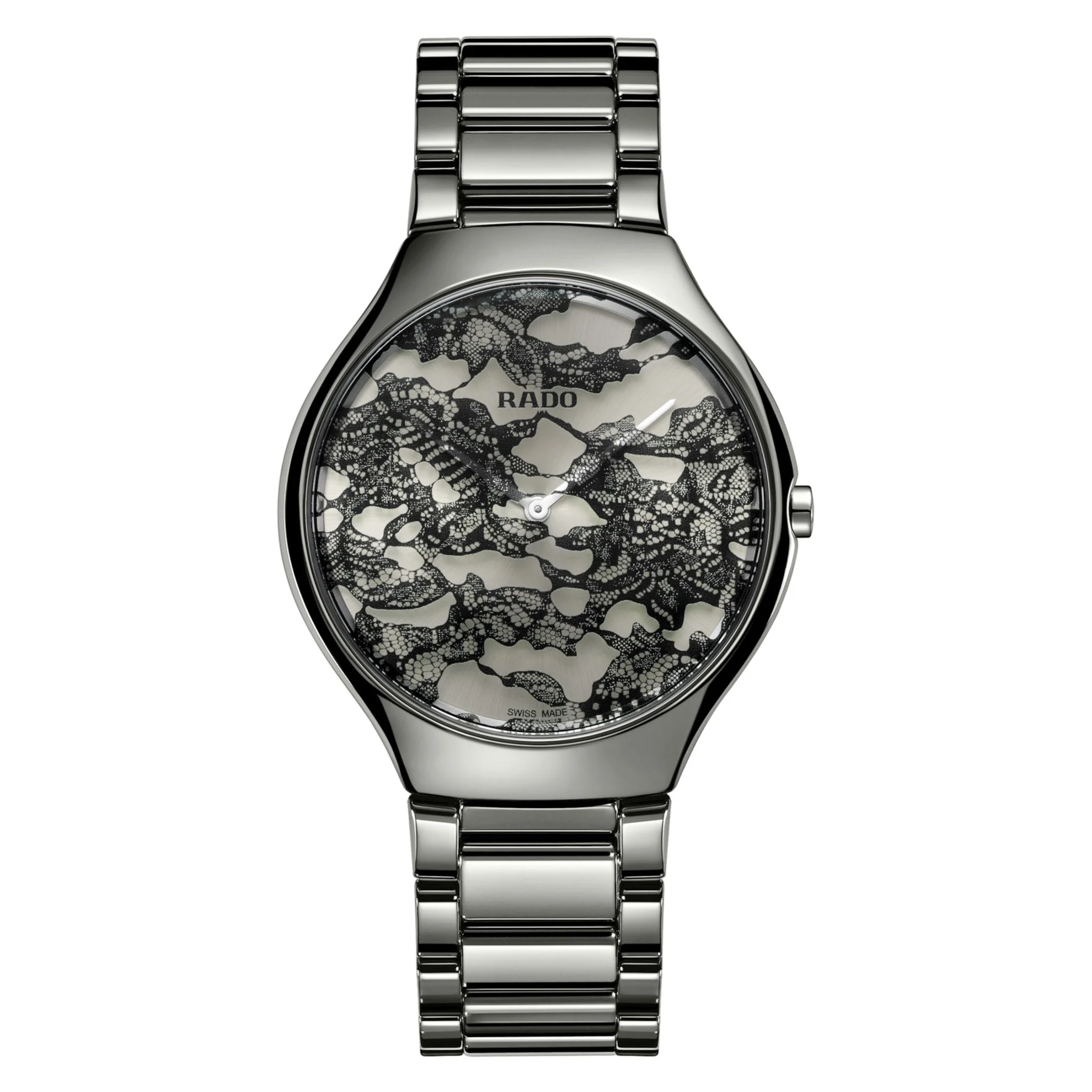 Rado Armbanduhr aus Edelstahl mit dekorativem schwarz-silbernem Zifferblatt und Metallarmband