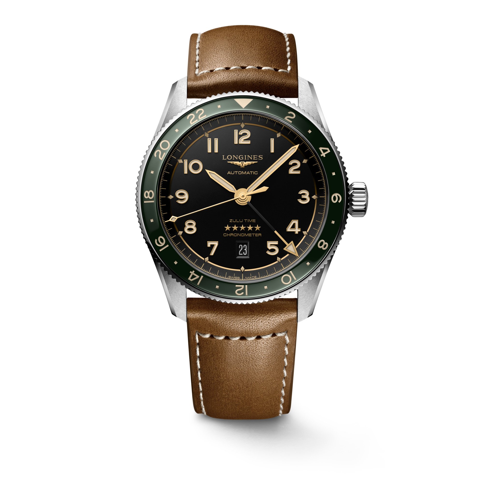 Longines Spirit Zulu Time Automatik-Chronometer mit schwarzem Zifferblatt, grüner Lünette und braunem Lederarmband