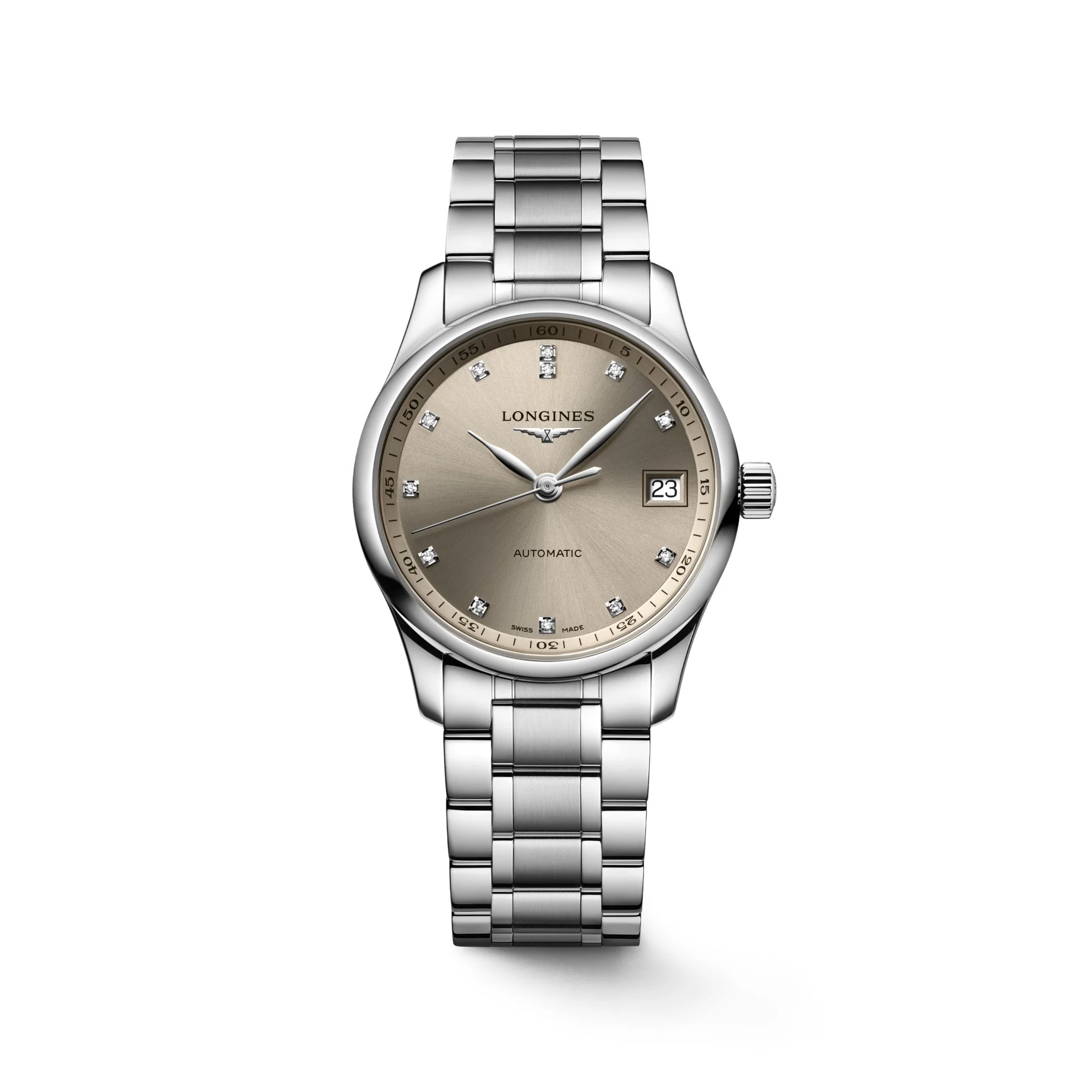 Longines Automatik-Armbanduhr aus Edelstahl mit champagnerfarbenem Zifferblatt, Diamantindizes und Datumsanzeige