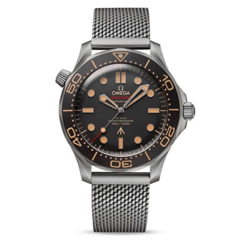 Omega Seamaster Diver 300M Luxus-Taucheruhr mit schwarzem Zifferblatt, Bronzeakzenten und Edelstahl-Milanaiseband