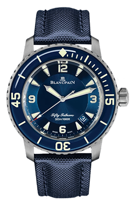 Blancpain Fifty Fathoms Taucheruhr mit blauem Zifferblatt, Edelstahlgehäuse und blauem Textilarmband