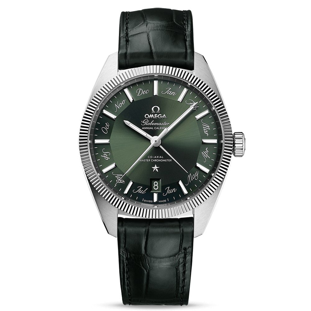 Omega Globemaster Jahreskalender-Armbanduhr mit grünem Zifferblatt, schwarzem Lederarmband und geriffelter Lünette