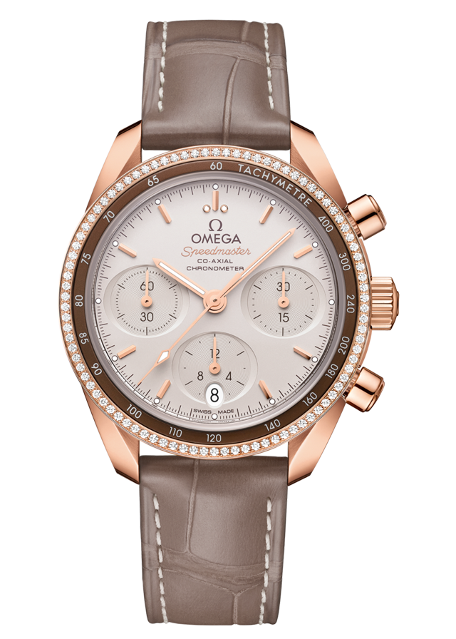 Omega Speedmaster Chronograph mit roségoldfarbenem Gehäuse, diamantbesetzter Lünette, hellem Zifferblatt und braunem Lederarmband