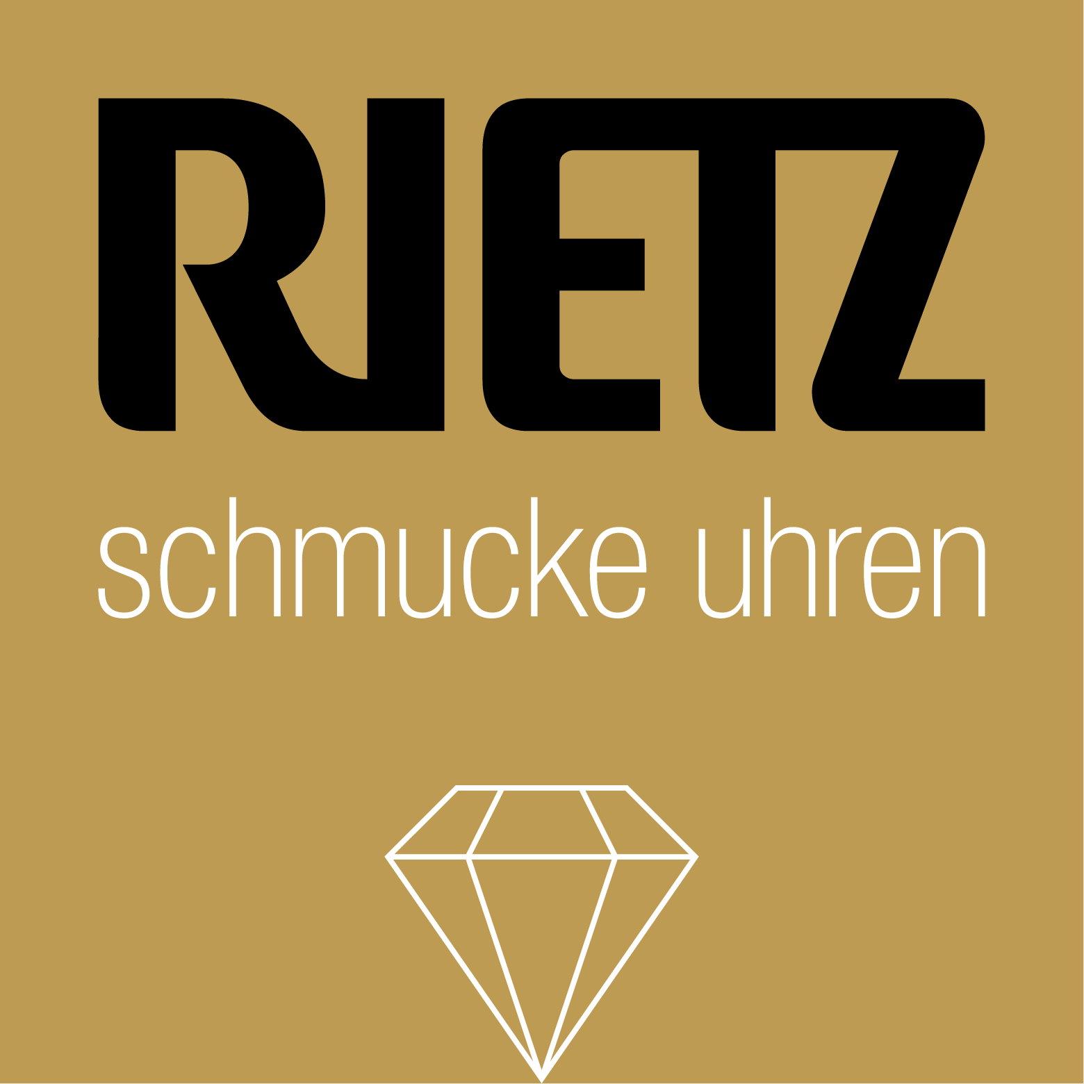 Goldfarbenes Logo mit schwarzem Schriftzug „RLETZ“, weißem Text „schmucke uhren“ und stilisierter Diamantgrafik.