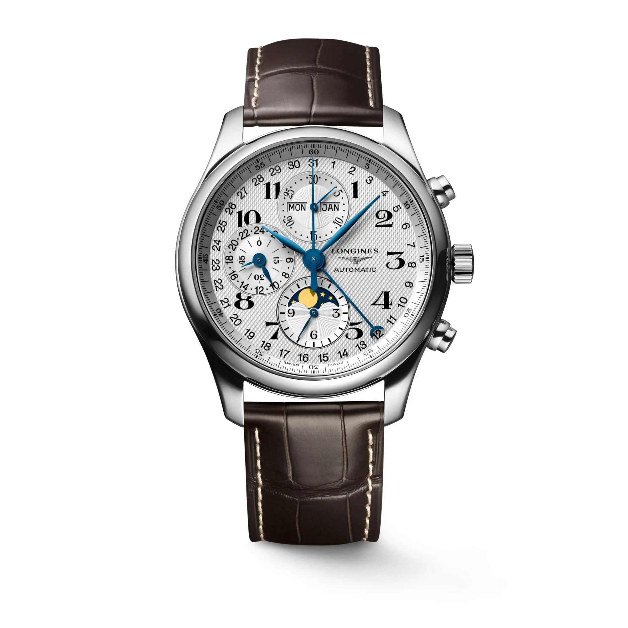 Longines Automatik-Chronograph mit silbernem Zifferblatt, Datumsanzeigen, Mondphasenanzeige und braunem Lederarmband