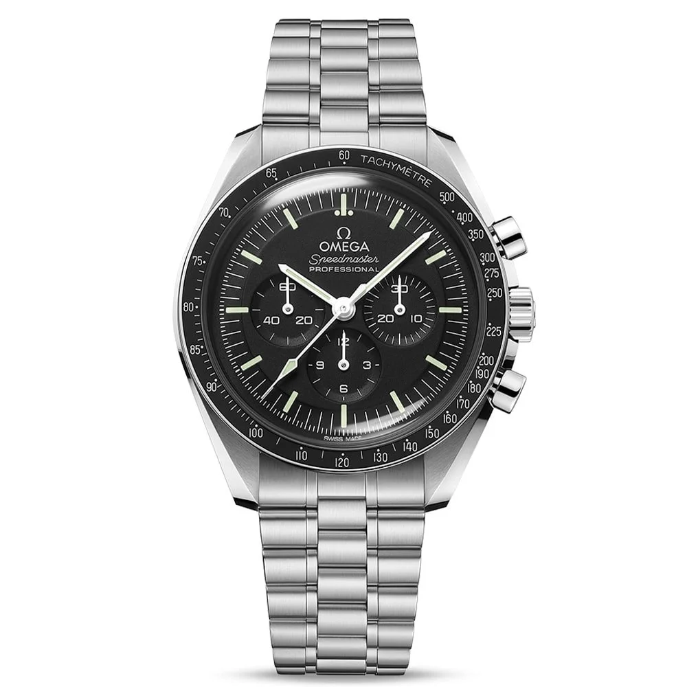 Omega Speedmaster Professional Chronograph mit schwarzem Zifferblatt und Edelstahlarmband