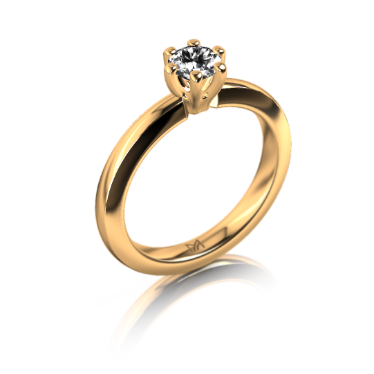 Goldener Verlobungsring mit rundem Diamanten in Krappenfassung auf weißem Hintergrund
