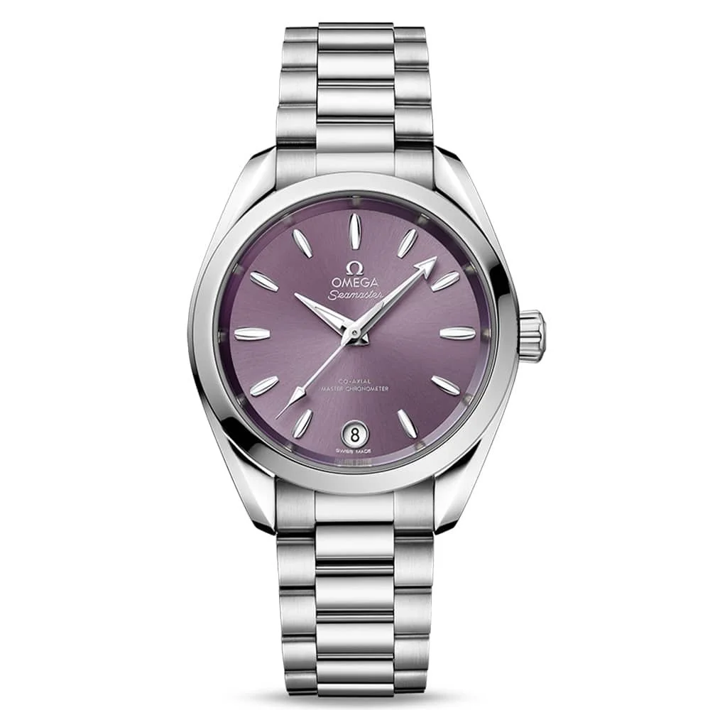 Omega Seamaster Damenuhr aus Edelstahl mit violettem Zifferblatt und Datumsanzeige
