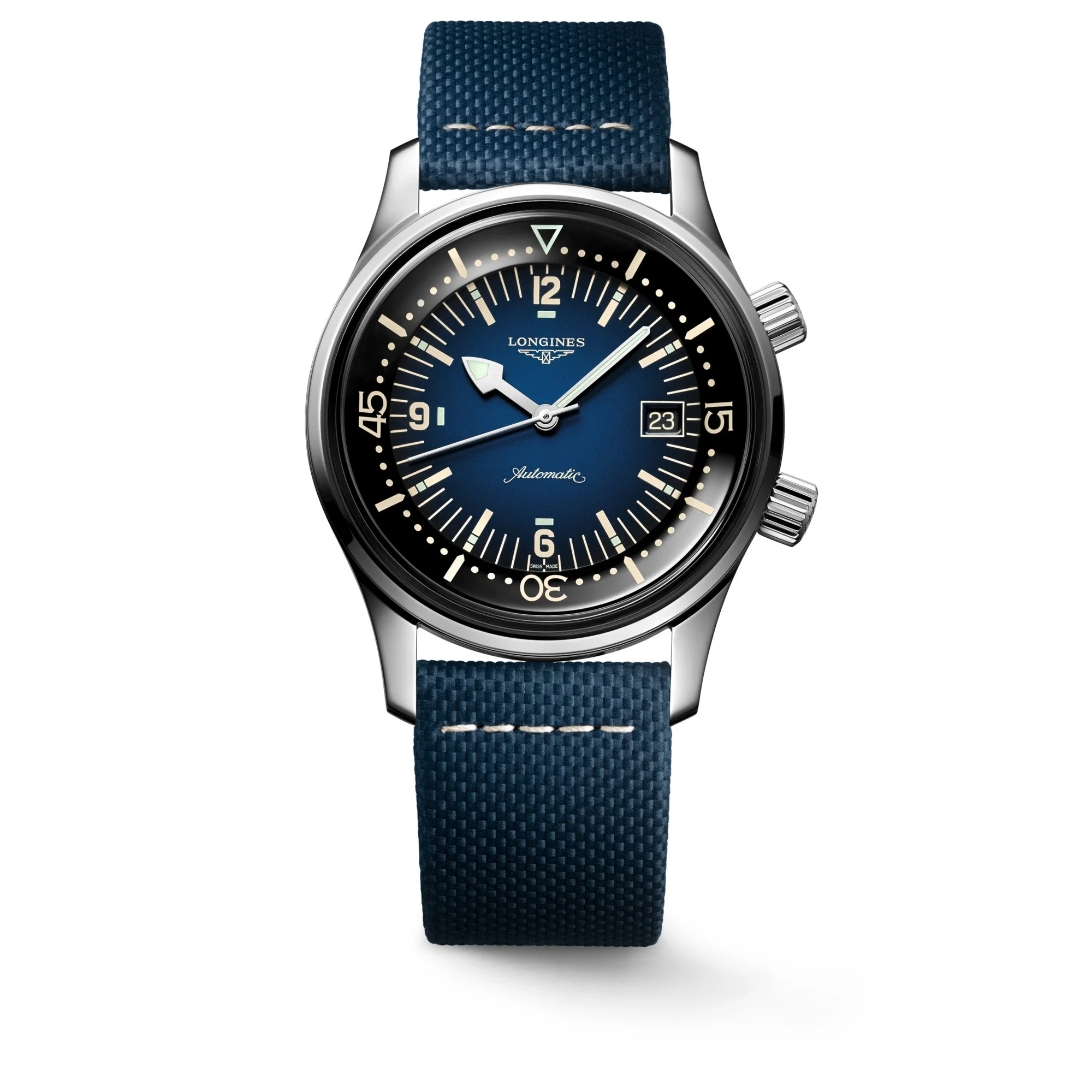 Longines Automatikuhr mit blauem Zifferblatt, Edelstahlgehäuse und dunkelblauem Textilarmband