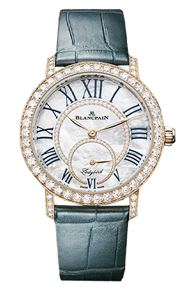Blancpain-Damenuhr mit römischen Ziffern, diamantbesetztem Gehäuse und grünem Lederarmband