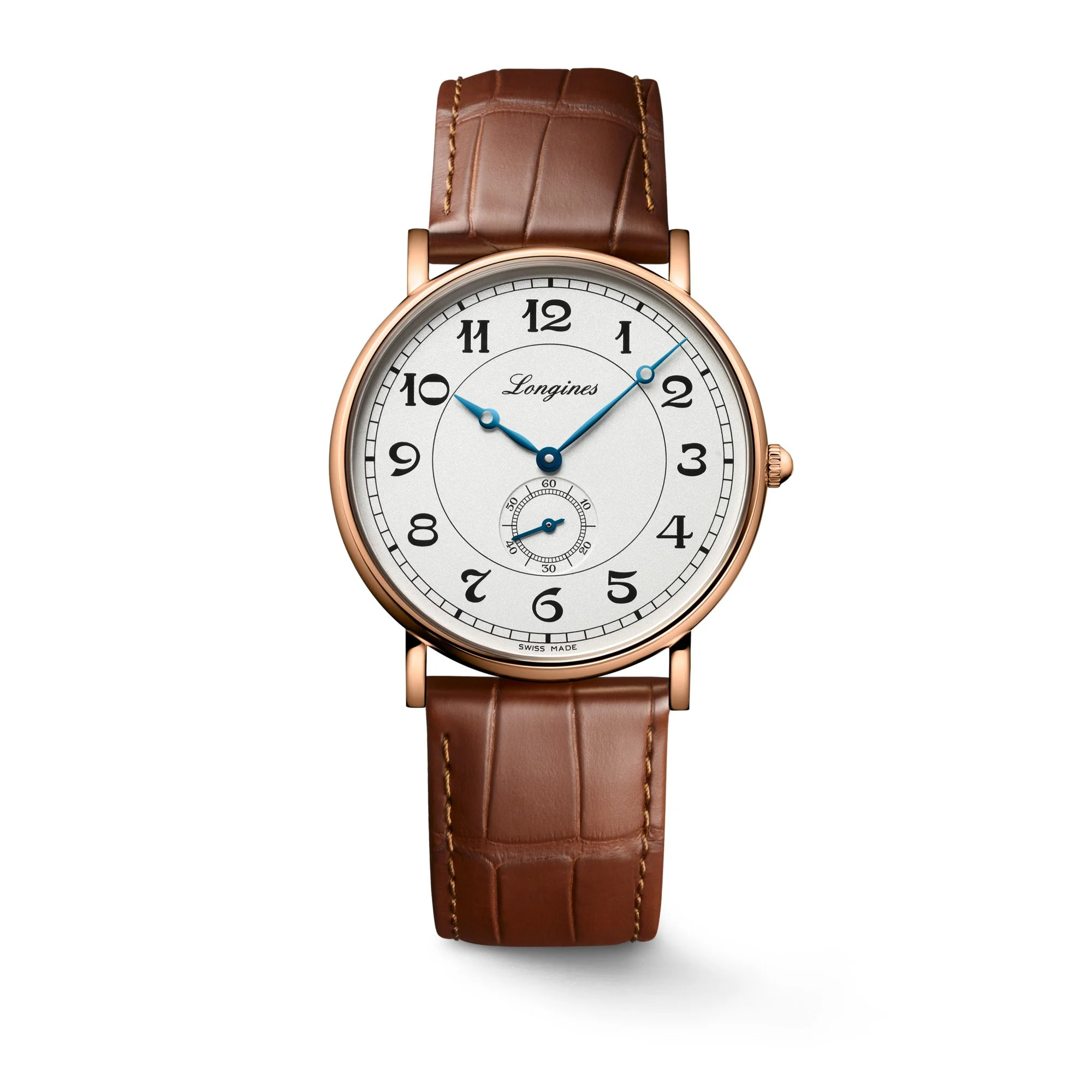 Elegante Longines-Armbanduhr mit roségoldfarbenem Gehäuse, weißem Zifferblatt, blauen Zeigern und braunem Lederarmband
