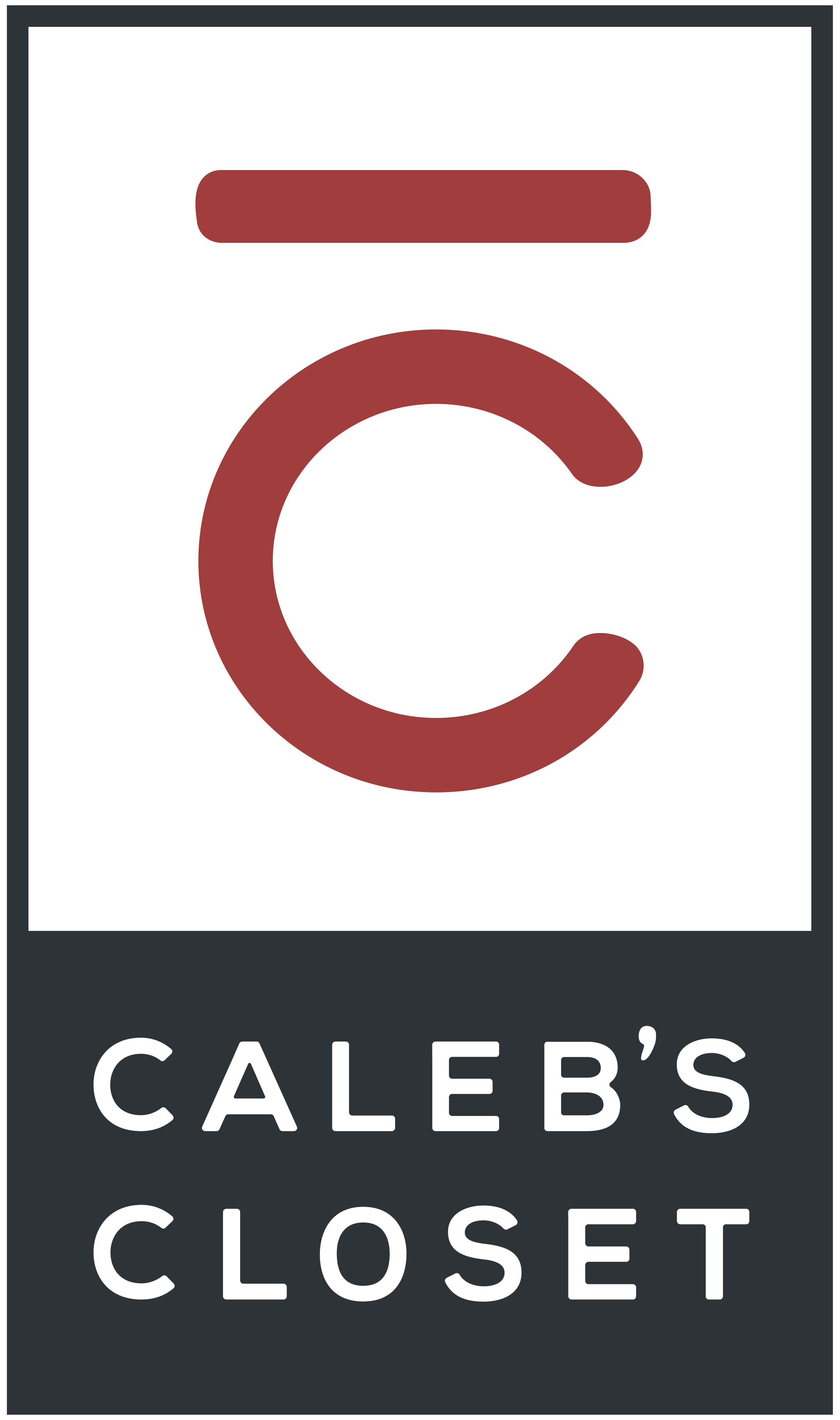 Sign for Caleb's Closet with a large letter C and the text 'Caleb's Closet'.