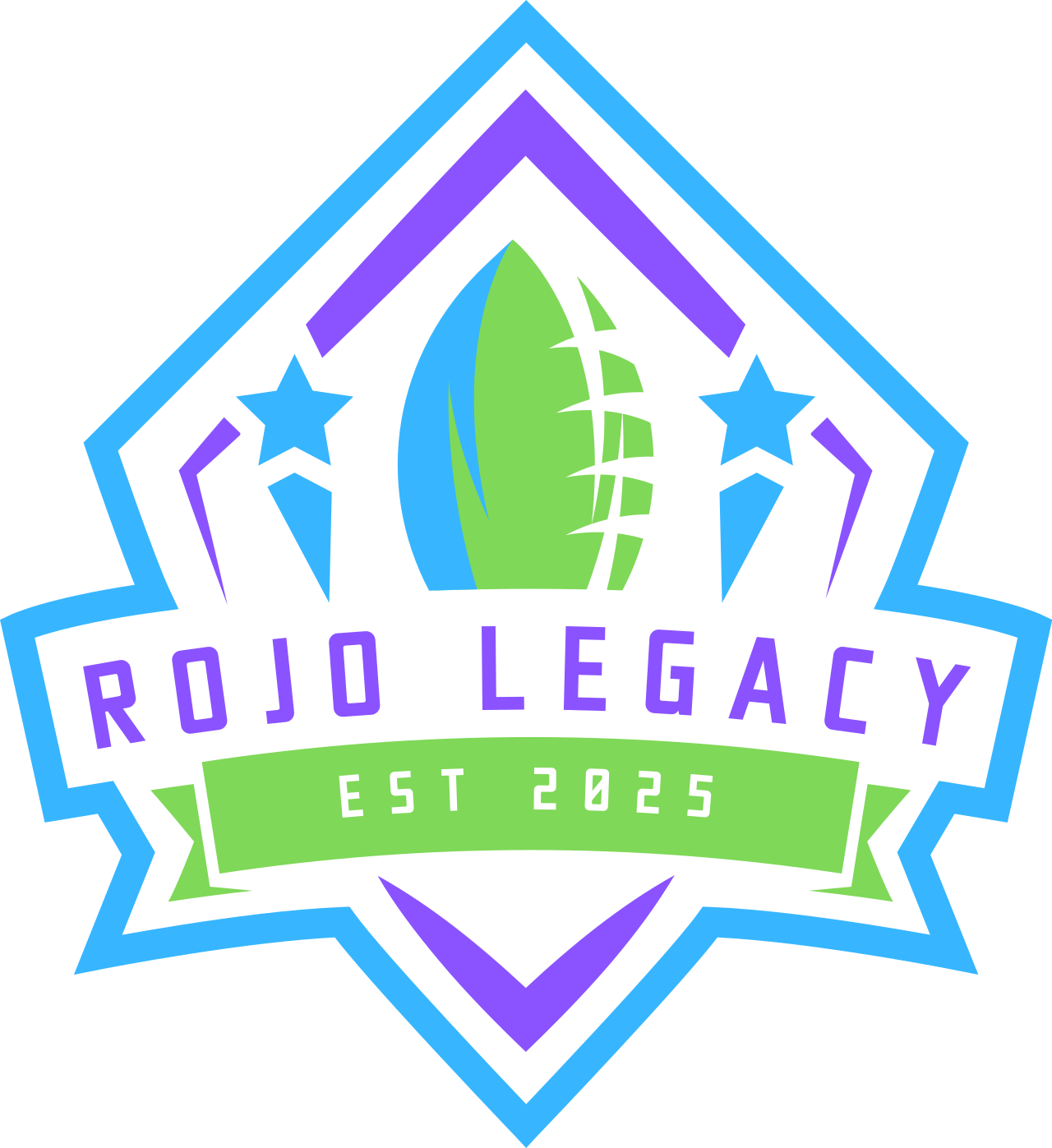 A colorful emblem with a stylized green football at the center, surrounded by stars and geometric shapes. The text reads 'Rojo Legacy' and 'Est 2025' on a green banner beneath the football.