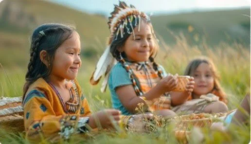Three young children dressed in traditional Native American clothing, sitting in a grassy field.