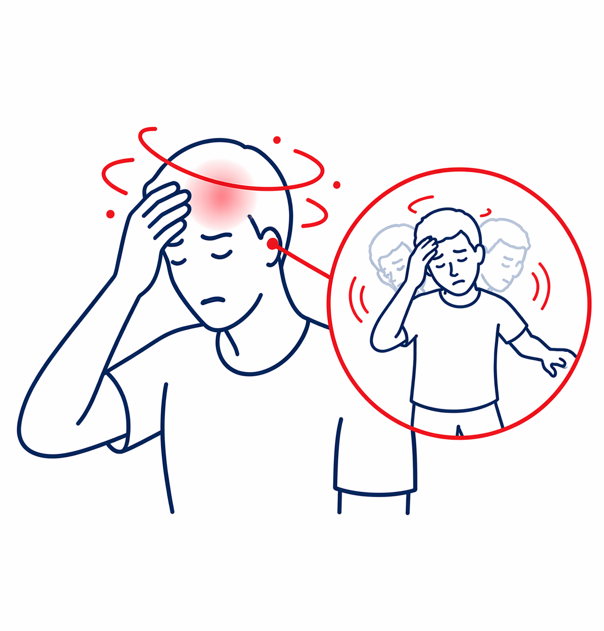 Illustration of a person with a headache, holding their forehead, with a red glow on their head. A smaller inset shows the same person with symptoms of dizziness, holding their head, surrounded by shivering lines indicating illness.