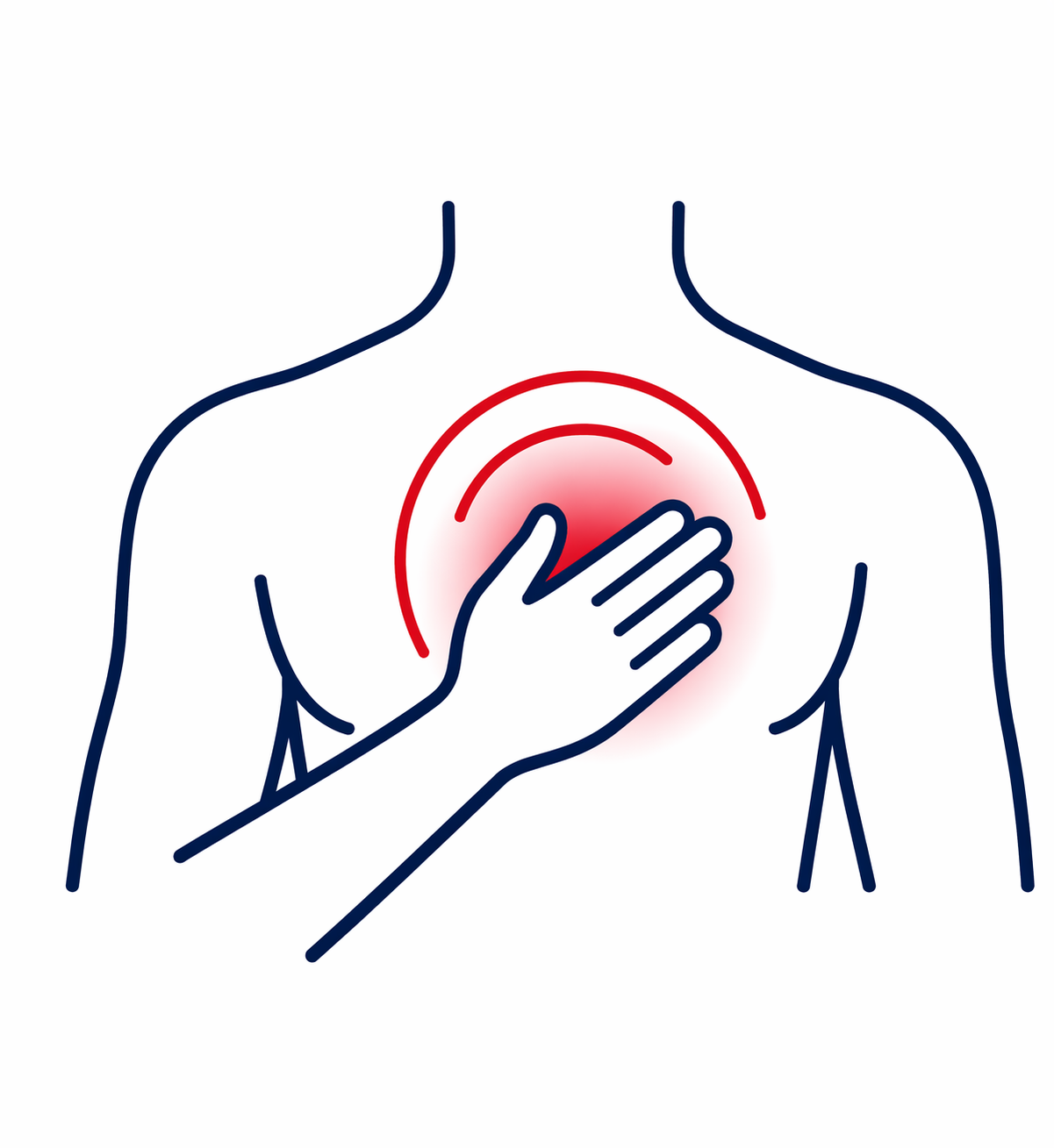 An illustration of a person clutching their chest with one hand, indicating chest pain, with a red heatmap and red semi-circles suggesting pain or discomfort in the chest area.
