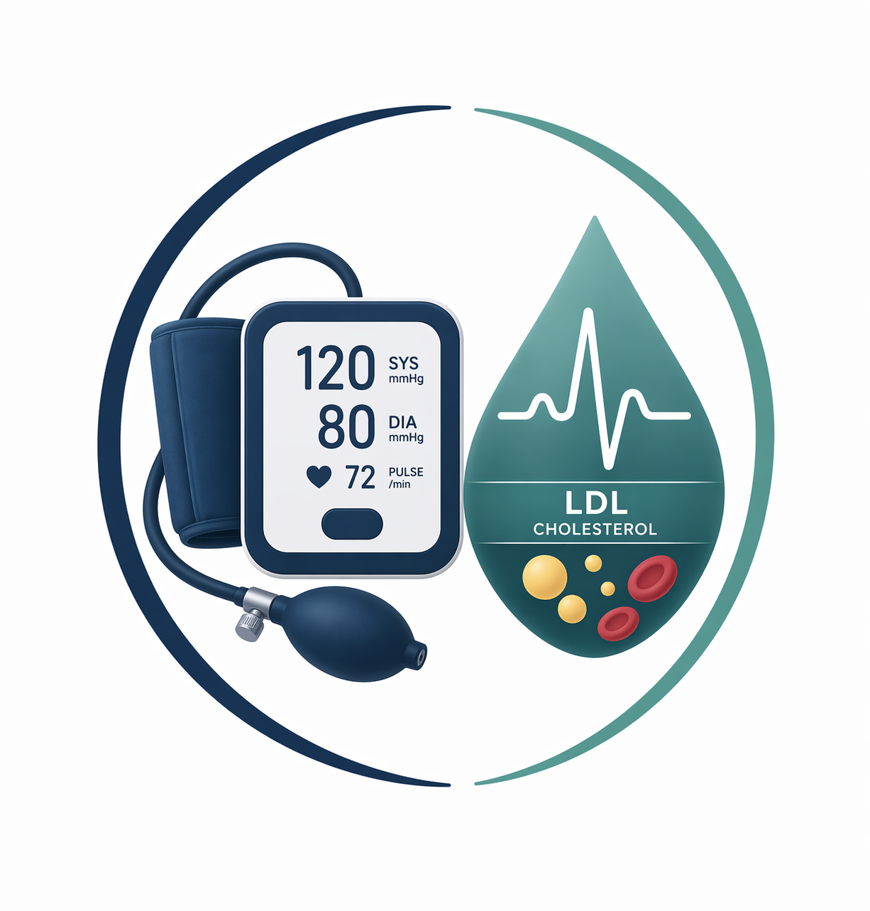 Medical illustration showing a blood pressure monitor, a blood pressure reading, and a droplet with a heartbeat line and cholesterol and red blood cell icons.