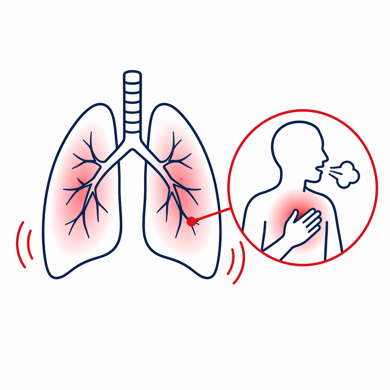 Illustration of lungs with redness indicating illness, and a person coughing with hand on chest signifying respiratory issues.