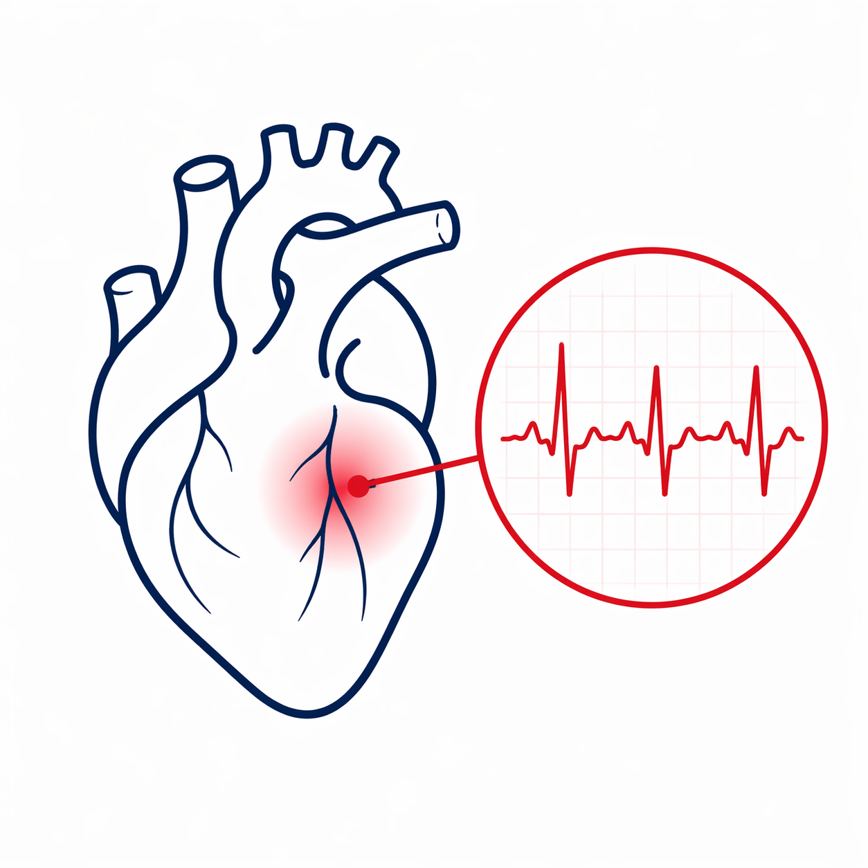 Illustration of a human heart with a color highlight near the center, connected to an electrocardiogram (EKG) reading showing irregular heartbeats.
