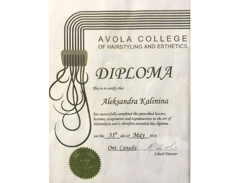 A diploma certificate from Avola College of Hairstyling and Esthetics awarded to Aleksandra Kalinina on May 31, 2016, in Ontario, Canada, with a green seal and an abstract hair styling graphic.
