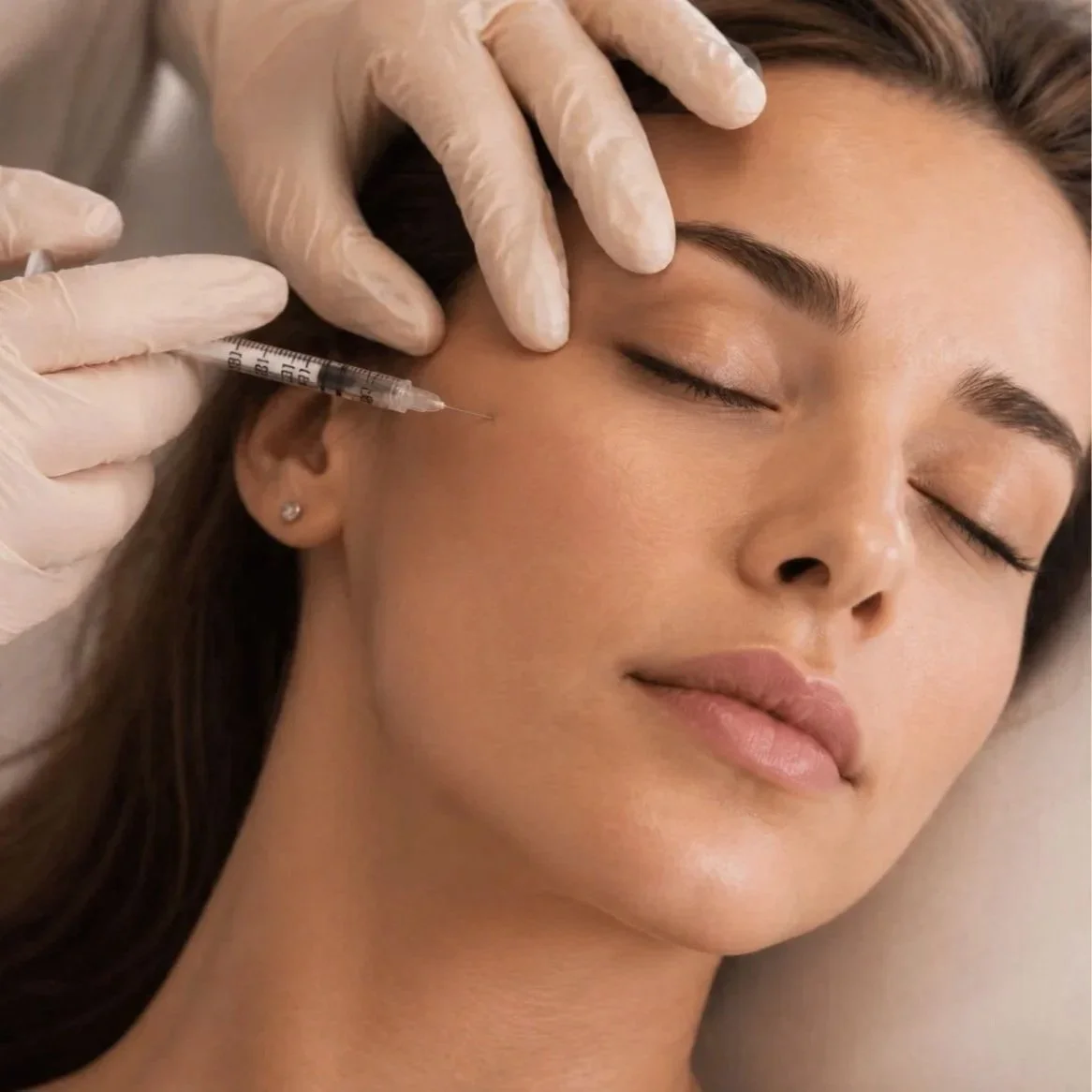 A woman receiving a cosmetic injection near her temple, with her eyes closed, as a healthcare professional wearing gloves administers the shot.
