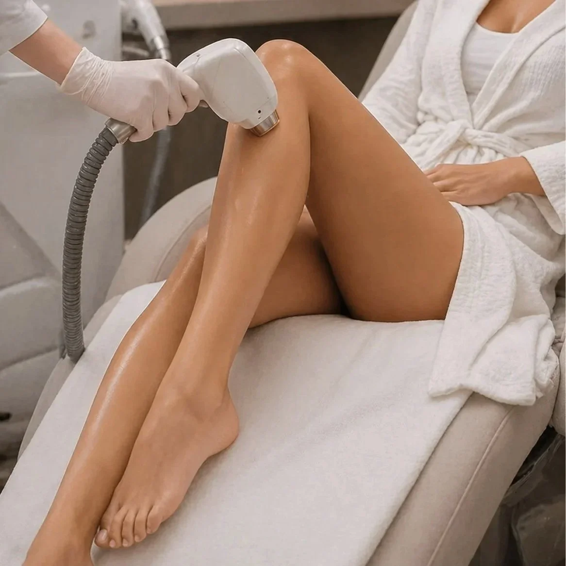 A woman receiving a laser hair removal treatment on her legs at a spa or clinic.