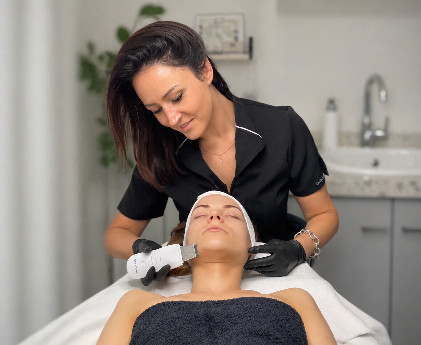 A woman receiving a facial treatment from esthetician in a spa or clinic setting.