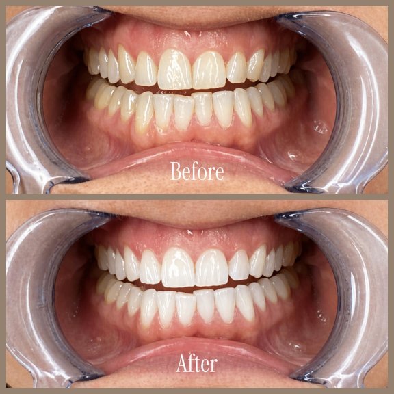 Close-up of a person's teeth before and after dental whitening or cleaning, with the 'Before' image showing stained teeth and the 'After' image displaying whiter, cleaner teeth.