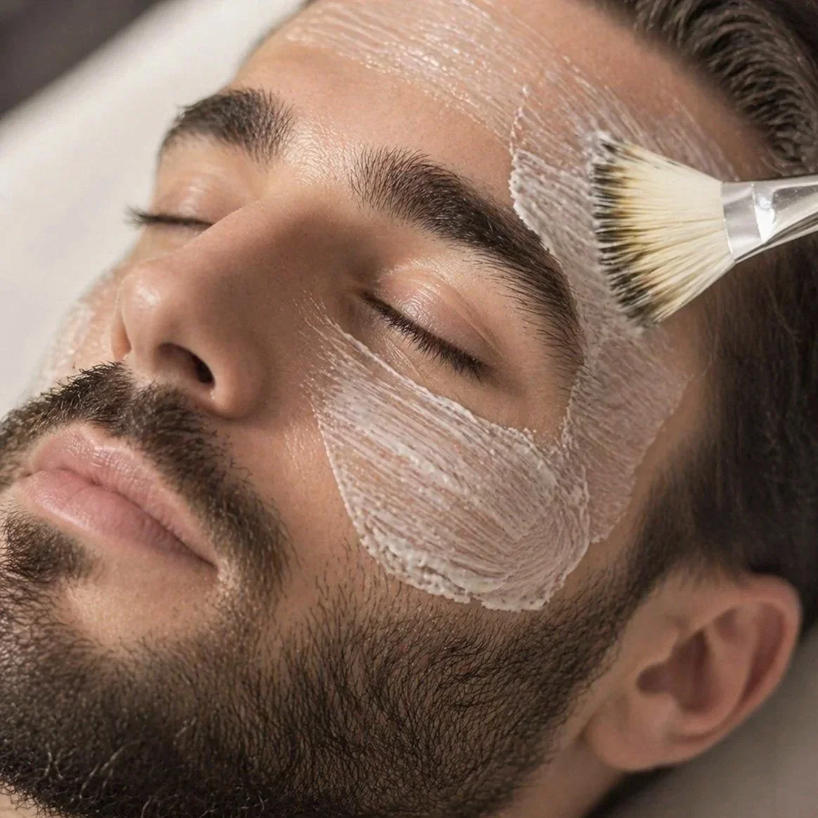 Man with closed eyes receiving a facial treatment, with a brush applying a white facial mask on his face.