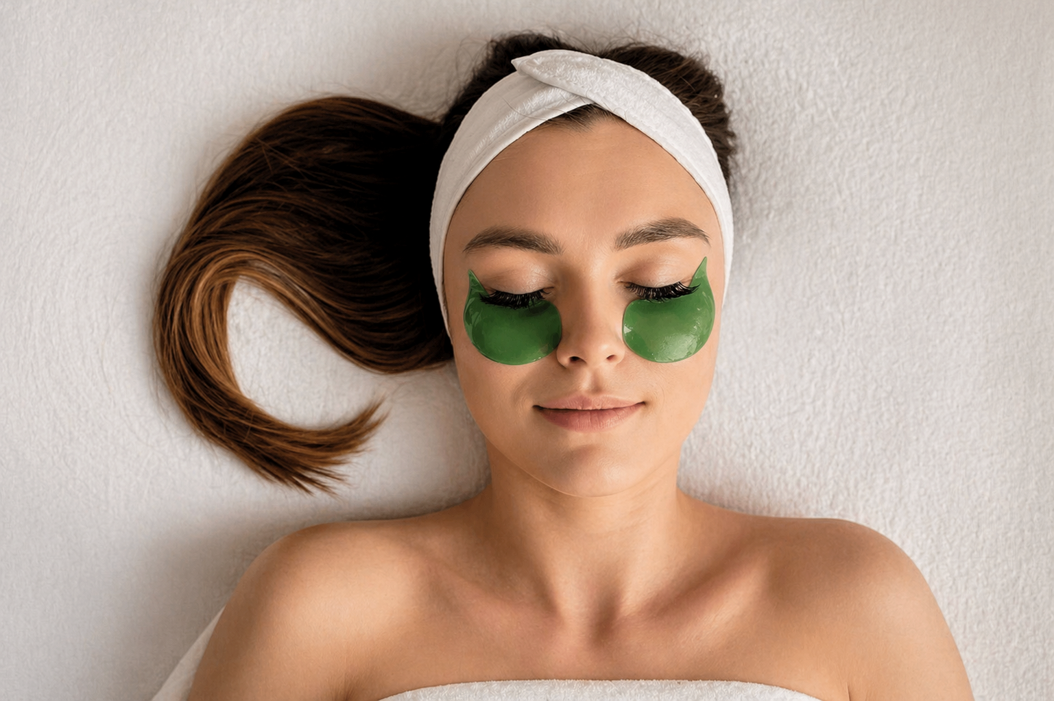 A woman with brown hair, white headband, and green under-eye gel patches lying with eyes closed against a white background.