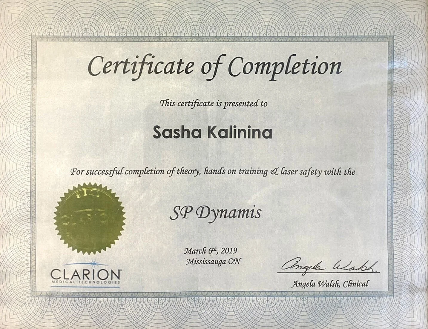 Certificate of Completion awarded to Sasha Kalina for theory, hands-on training, and laser safety at SP Dynamis, dated March 6, 2019, from Clarion Medical Technologies.