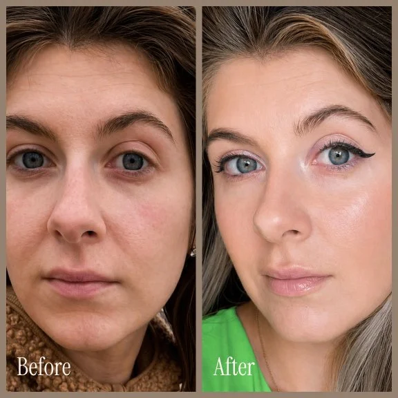 Side-by-side comparison of a woman before and after makeup application showing clearer skin and enhanced features.