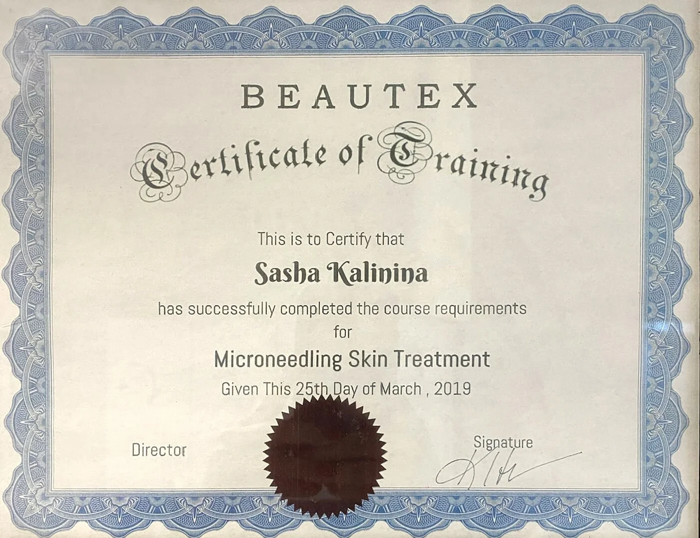 Certificate of Training from Beautex awarded to Sasha Kalipina for Microneedling Skin Treatment, dated March 25, 2019.
