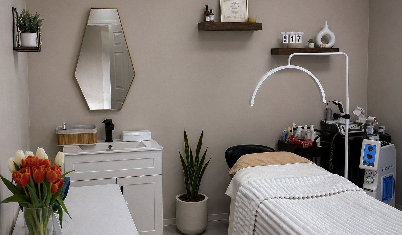 A wellness clinic or spa treatment room with a massage bed covered in a white textured blanket, a black reclining chair, and various medical or skincare equipment. There are decorative shelves with plants, a mirror, certificates, and flowers on a white table.