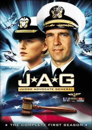 Cover of the TV show "JAG: Judge Advocate General" featuring a man and a woman in military uniforms with ships and helicopters in the background.