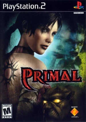 PlayStation 2 game cover for 'Primal' featuring a woman with short dark hair and a serious expression, set against a dark, mystical background with a monster's face in the lower right corner.