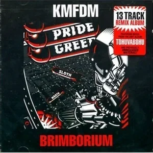 Album cover for KMFDM's Pride and Greed remixed with a red and black color theme, featuring illustrated horns, a robotic figure, and a spaceship in space.