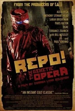 Movie poster for 'Repo! The Genetic Opera' featuring a person in a shiny red costume and helmet, with bold yellow and red text and credits.