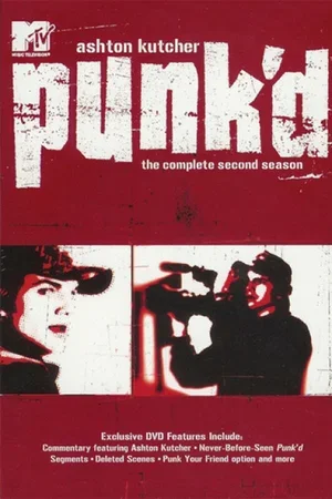 DVD cover for MTV's 'Punk'd' featuring Ashton Kutcher, with images of a woman with a hat and a man aiming a gun, and text about the show's second season and special features.