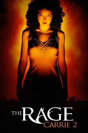 A promotional poster for the movie 'The Rage: Carrie 2' featuring a woman with curly dark hair and a serious expression, standing against an orange and black background.