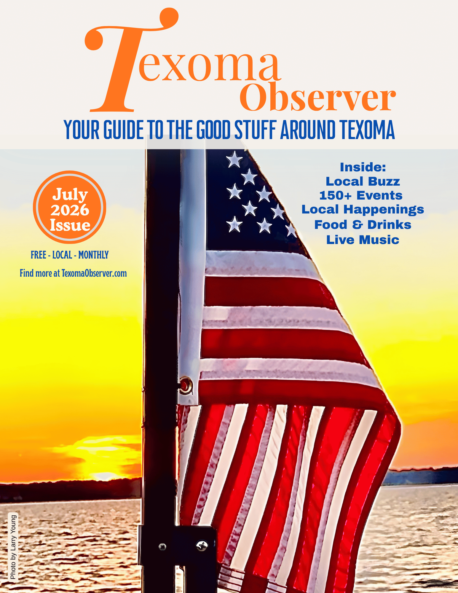 A beach scene at sunset with a flag stand holding an American flag and a red, white, and blue striped kite in the foreground.