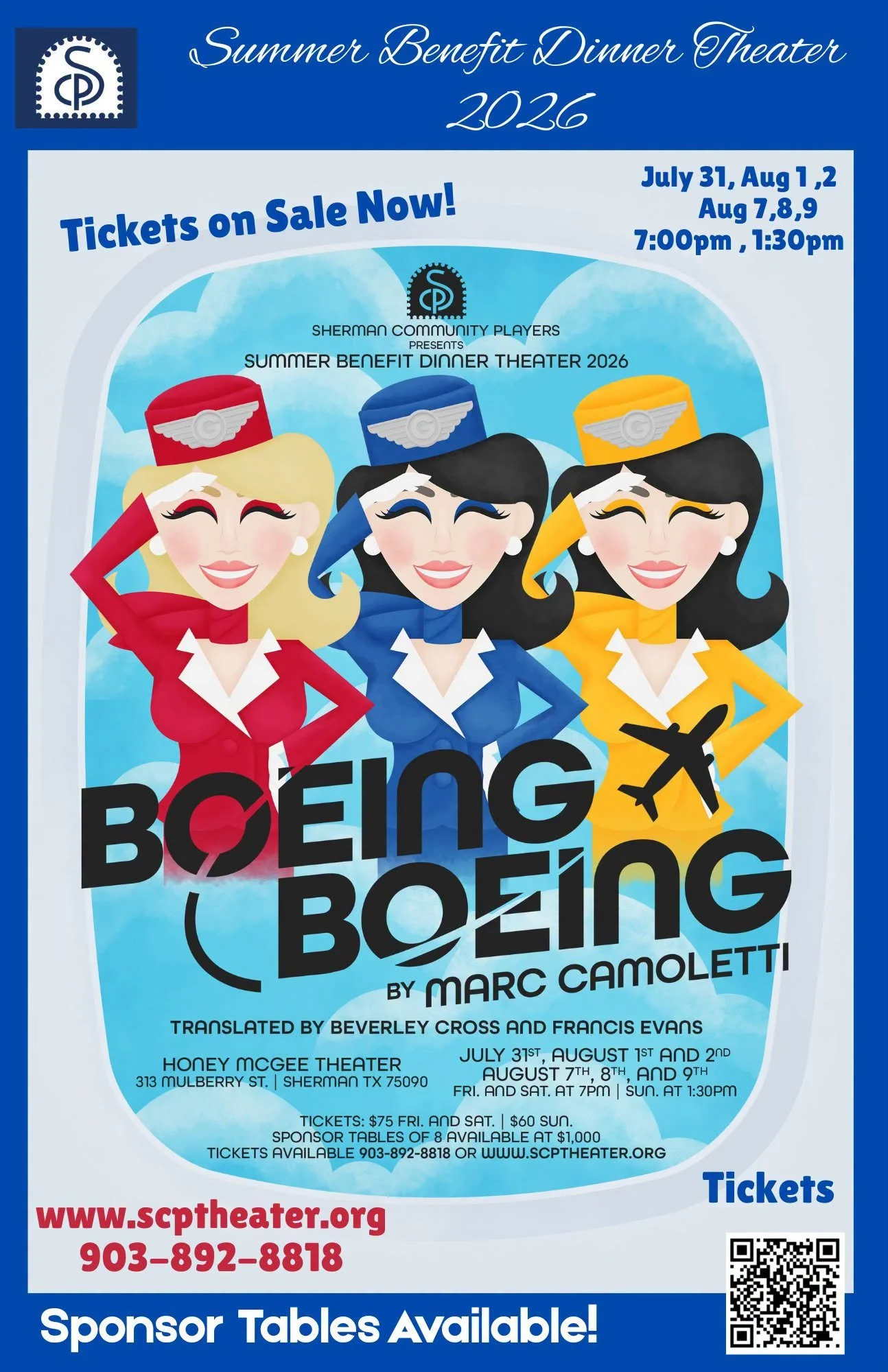 Flyer for the Summer Benefit Dinner Theater 2026 featuring a stylized illustration of three women dressed as flight attendants in red, blue, and yellow uniforms with matching hats. The event is scheduled for July 31, August 1-2, August 7-9 at 7:00 pm and 1:30 pm at Honey McGee Theater, Sherman, Texas. Tickets are $75 on Friday and Saturday, $60 on Sunday, and sponsor tables are available at $1,000. The flyer includes contact information and a QR code.